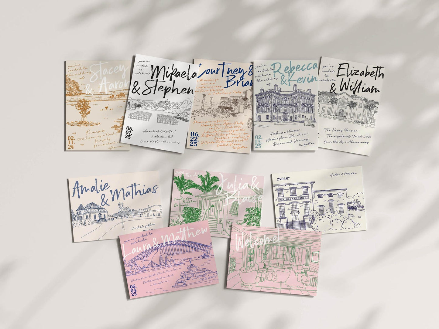 Custom designed hand illustrated wedding venue location sketch invite