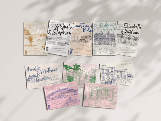 Custom designed hand illustrated wedding venue location sketch invite