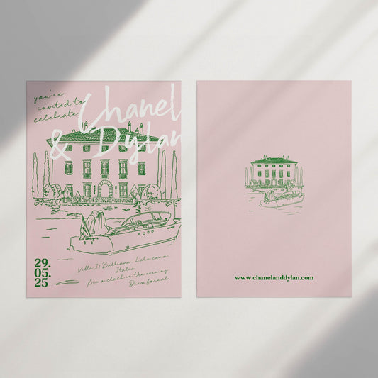 Custom designed hand illustrated wedding venue location sketch invite